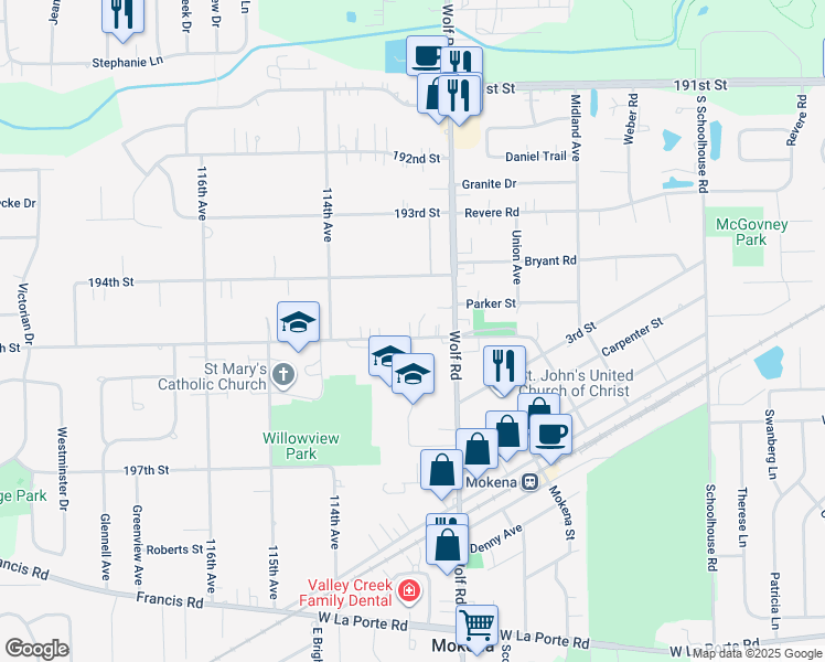 map of restaurants, bars, coffee shops, grocery stores, and more near 11234 195th Street in Mokena