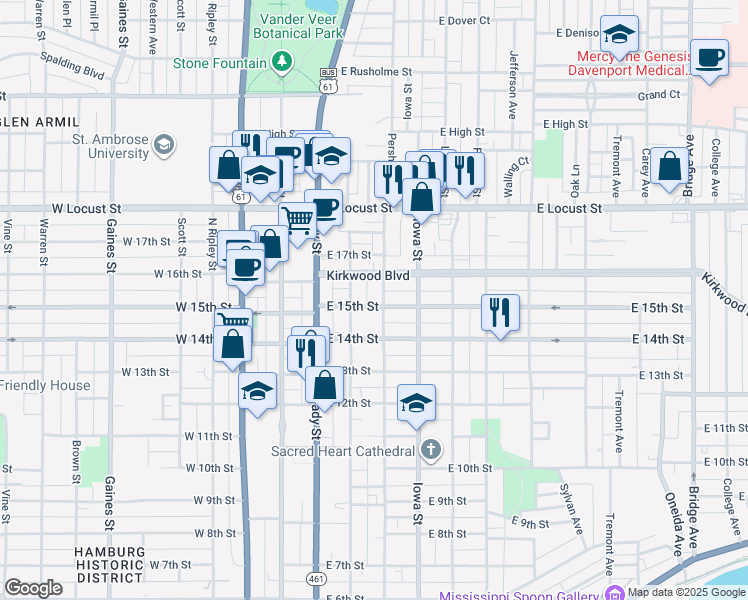 map of restaurants, bars, coffee shops, grocery stores, and more near 1504 Pershing Avenue in Davenport