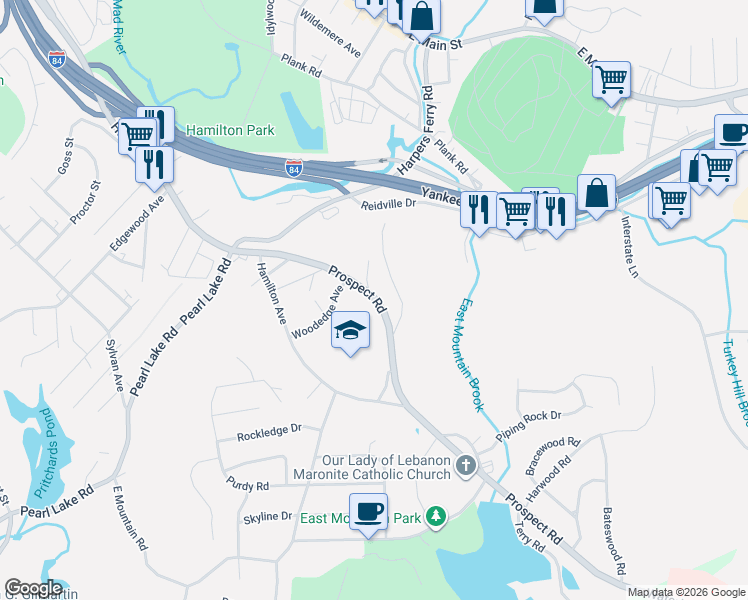 map of restaurants, bars, coffee shops, grocery stores, and more near 204 Prospect Road in Waterbury
