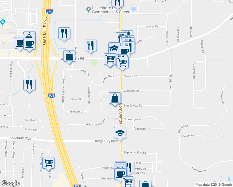 map of restaurants, bars, coffee shops, grocery stores, and more near Stratford Court in Mayfield