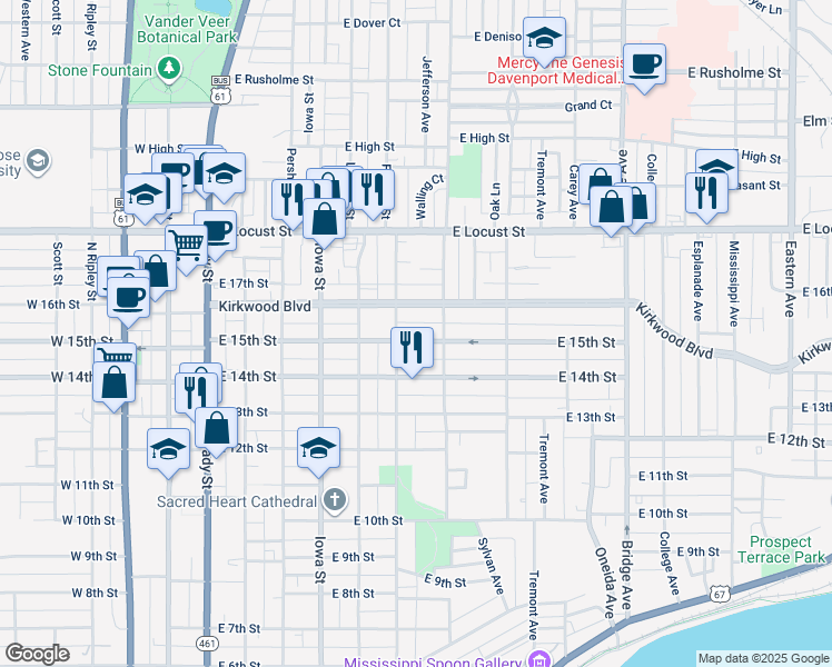 map of restaurants, bars, coffee shops, grocery stores, and more near 614 East 15th Street in Davenport