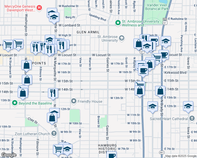map of restaurants, bars, coffee shops, grocery stores, and more near 732 West 15th Street in Davenport
