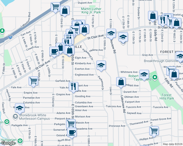 map of restaurants, bars, coffee shops, grocery stores, and more near 10730 Englewood Avenue in Cleveland