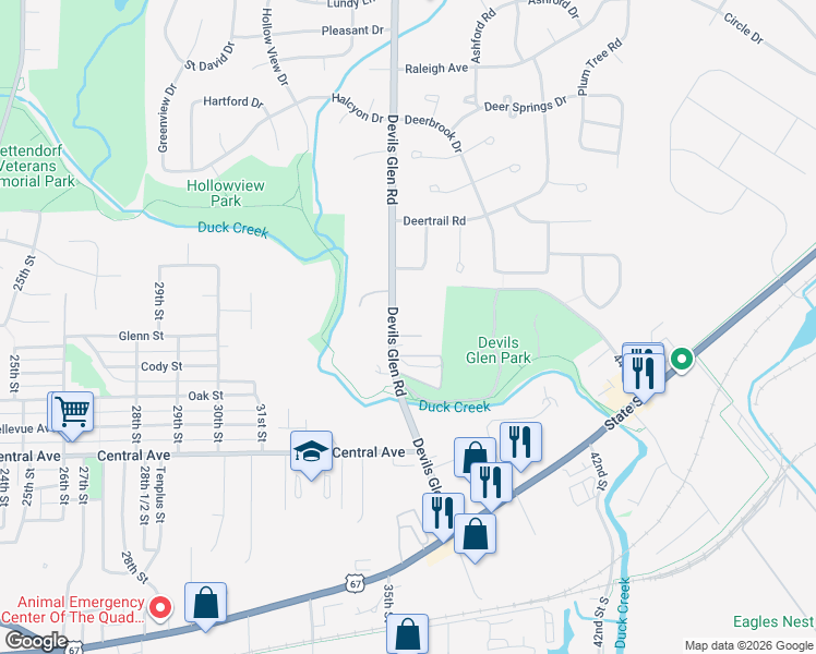 map of restaurants, bars, coffee shops, grocery stores, and more near 1209 Devils Glen Road in Bettendorf