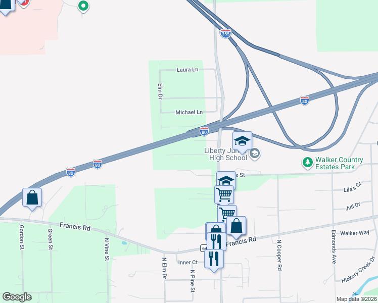 map of restaurants, bars, coffee shops, grocery stores, and more near 1455 North Cedar Road in New Lenox