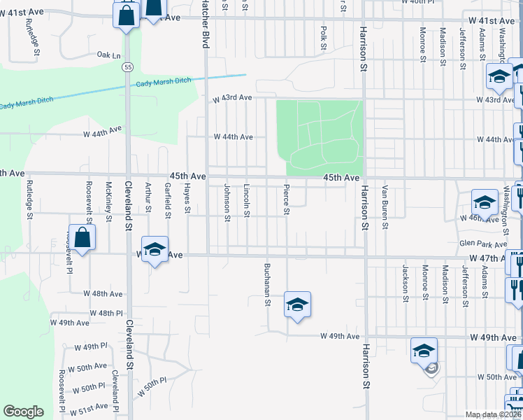 map of restaurants, bars, coffee shops, grocery stores, and more near 4580 Buchanan Street in Gary