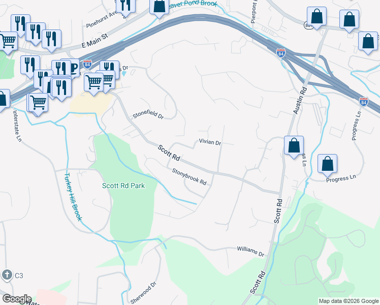 map of restaurants, bars, coffee shops, grocery stores, and more near 409 Scott Road in Waterbury