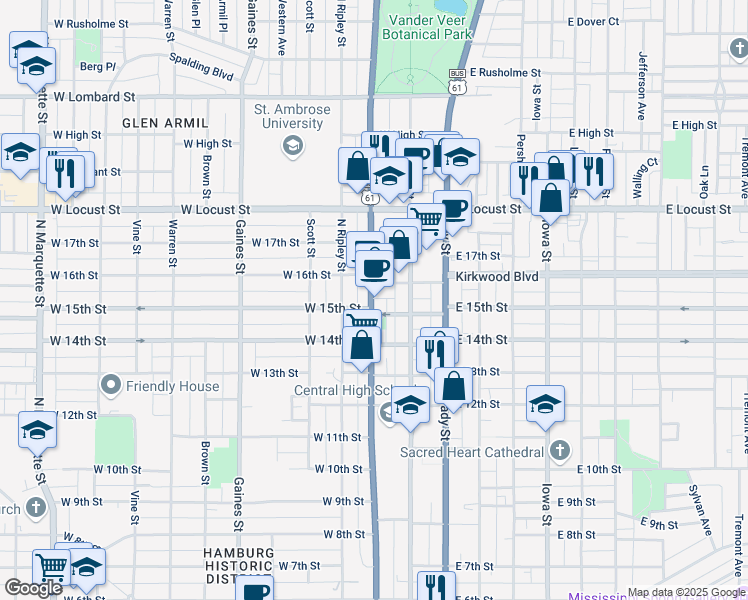 map of restaurants, bars, coffee shops, grocery stores, and more near 1511 North Harrison Street in Davenport