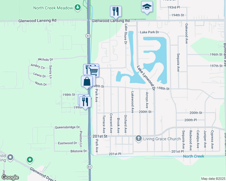 map of restaurants, bars, coffee shops, grocery stores, and more near 19805 Crescent Avenue in Lynwood