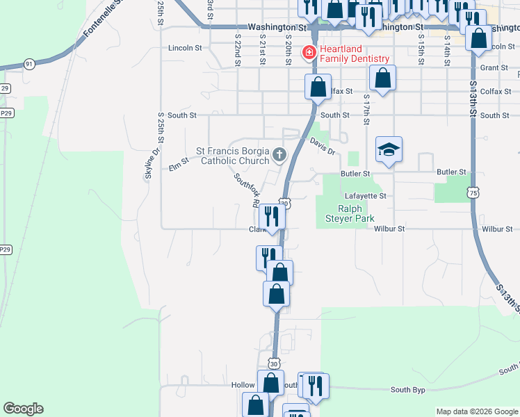 map of restaurants, bars, coffee shops, grocery stores, and more near 910 Southfork Road in Blair