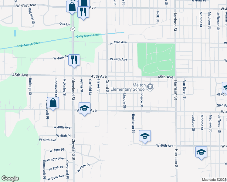 map of restaurants, bars, coffee shops, grocery stores, and more near 4580 johnson Street in Gary