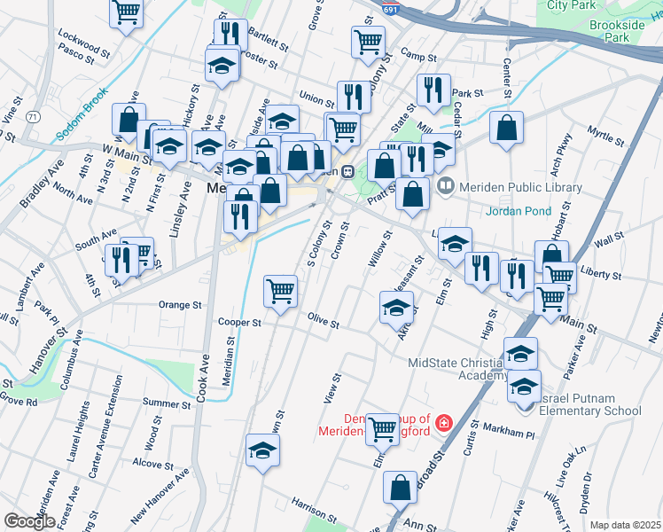 map of restaurants, bars, coffee shops, grocery stores, and more near 99 Crown Street in Meriden
