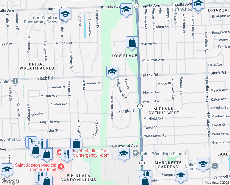 map of restaurants, bars, coffee shops, grocery stores, and more near 703 Palladium Drive East in Joliet