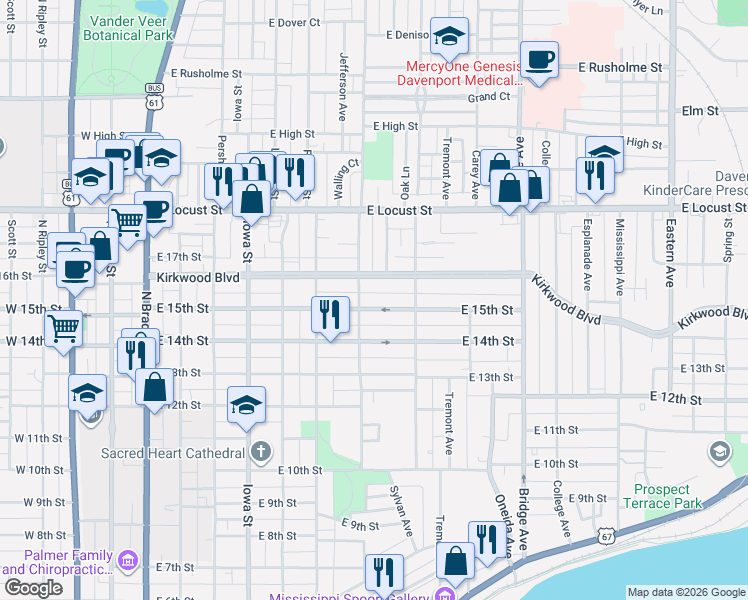 map of restaurants, bars, coffee shops, grocery stores, and more near 719 East 15th Street in Davenport