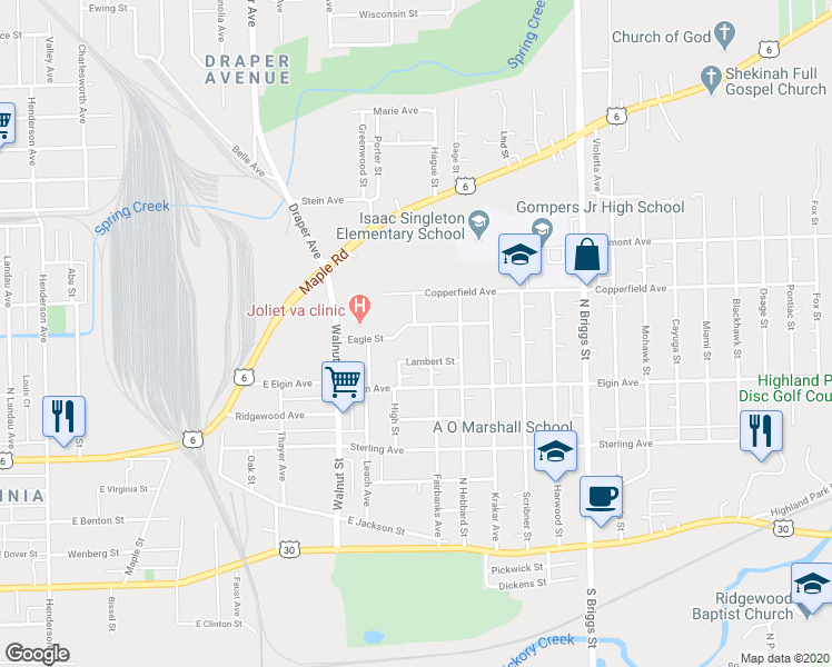 map of restaurants, bars, coffee shops, grocery stores, and more near 1200 Eagle Street in Joliet