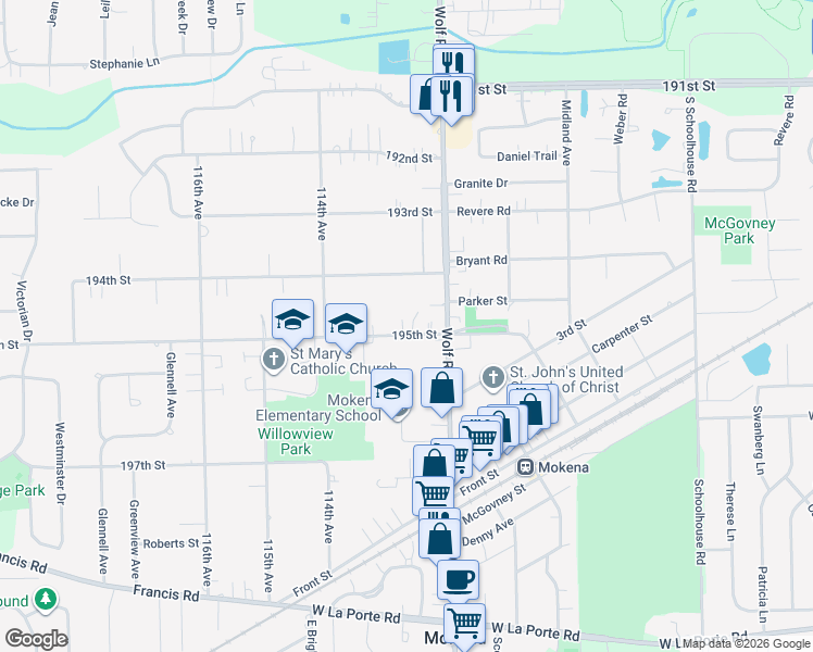 map of restaurants, bars, coffee shops, grocery stores, and more near 11238 195th Street in Mokena