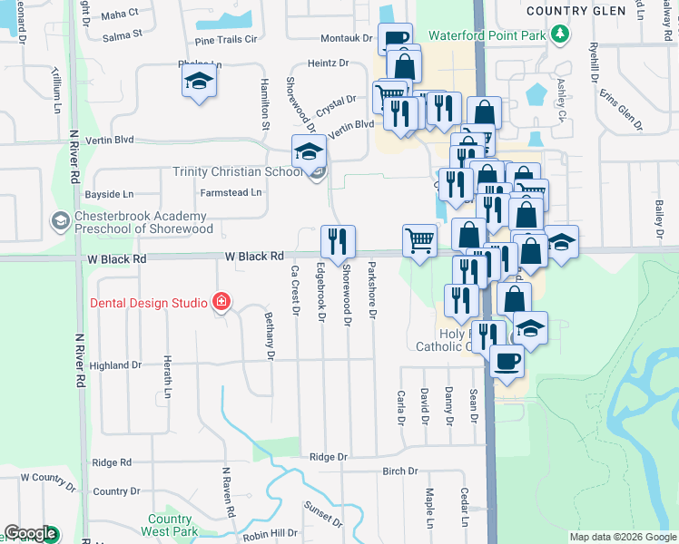 map of restaurants, bars, coffee shops, grocery stores, and more near 629 Shorewood Drive in Shorewood