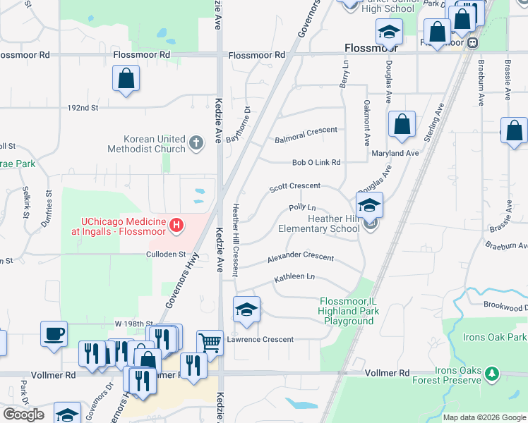 map of restaurants, bars, coffee shops, grocery stores, and more near 3106 Scott Crescent in Flossmoor