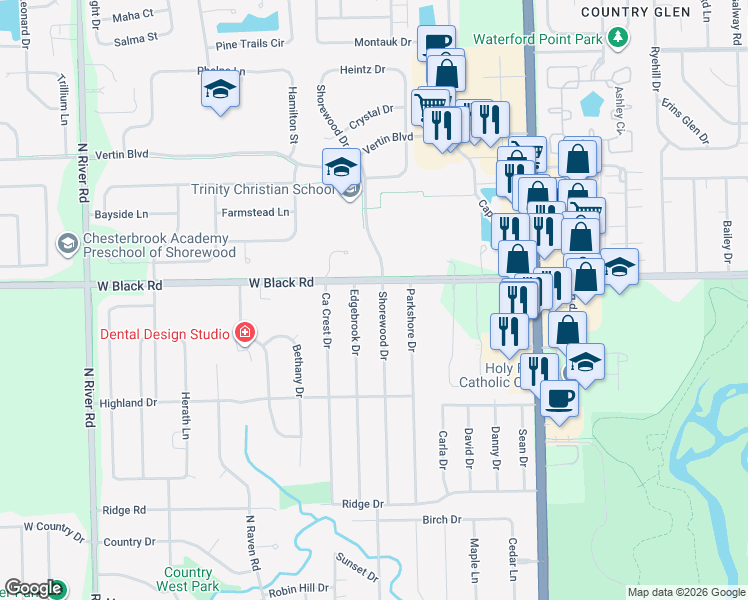 map of restaurants, bars, coffee shops, grocery stores, and more near 629 Shorewood Drive in Shorewood