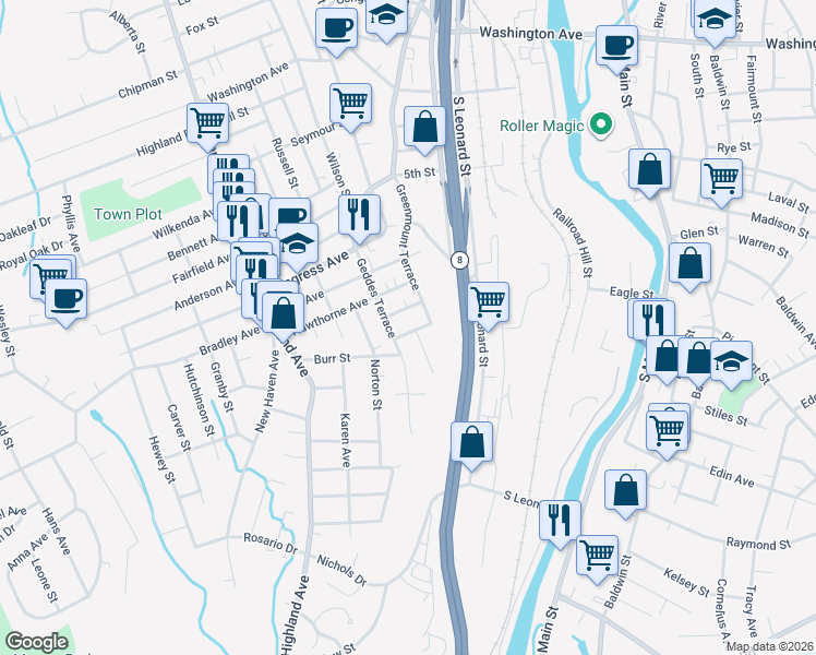 map of restaurants, bars, coffee shops, grocery stores, and more near 21 Vista Place in Waterbury