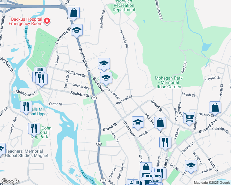 map of restaurants, bars, coffee shops, grocery stores, and more near 275 Broadway in Norwich