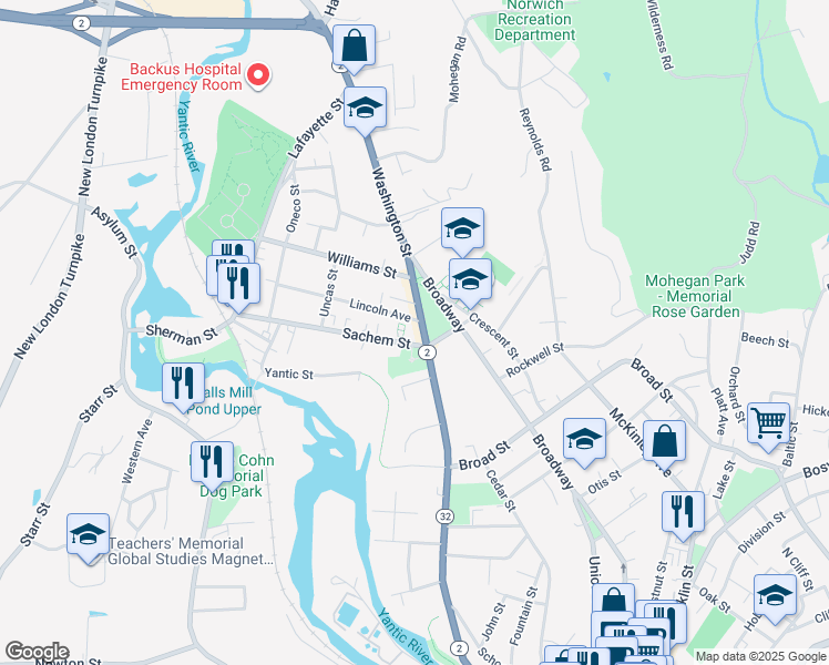 map of restaurants, bars, coffee shops, grocery stores, and more near 25 Sachem Street in Norwich