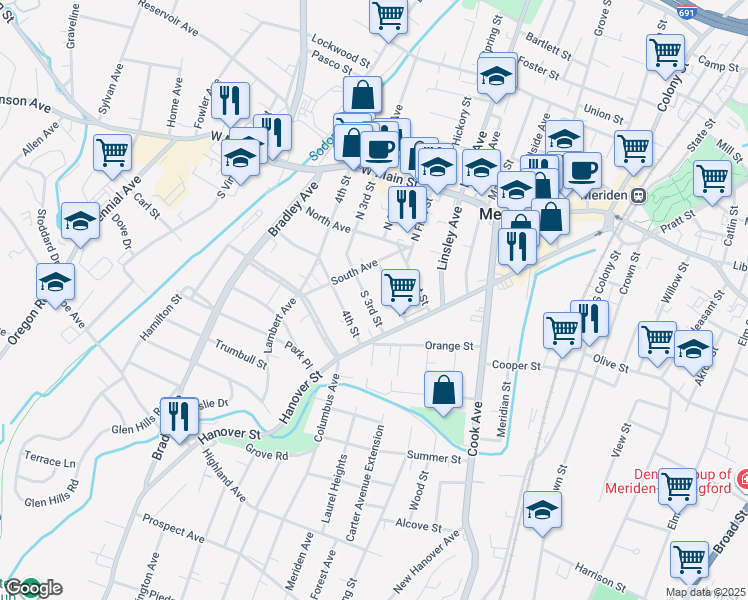 map of restaurants, bars, coffee shops, grocery stores, and more near 28 South 3rd Street in Meriden