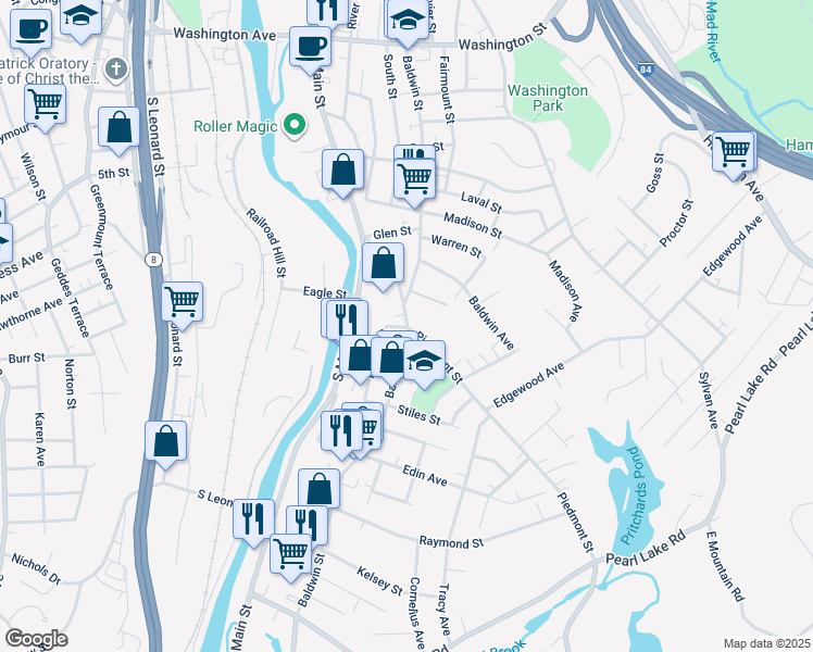 map of restaurants, bars, coffee shops, grocery stores, and more near 160 Piedmont Street in Waterbury