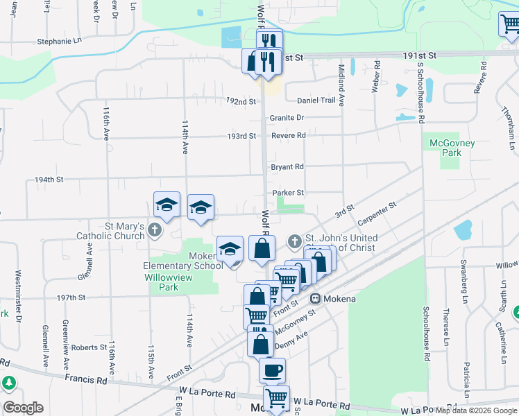 map of restaurants, bars, coffee shops, grocery stores, and more near 19501 Wolf Road in Mokena