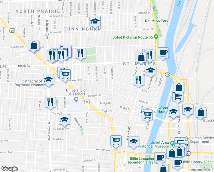 map of restaurants, bars, coffee shops, grocery stores, and more near 607 North Center Street in Joliet