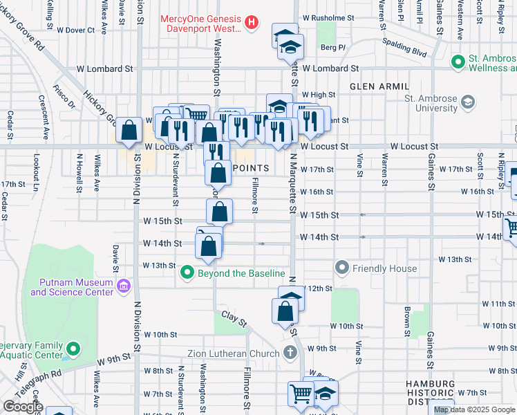 map of restaurants, bars, coffee shops, grocery stores, and more near 1402 West 15th Street in Davenport
