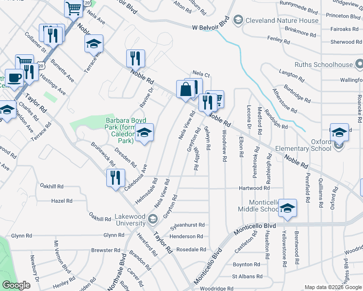 map of restaurants, bars, coffee shops, grocery stores, and more near 917 Greyton Road in Cleveland Heights