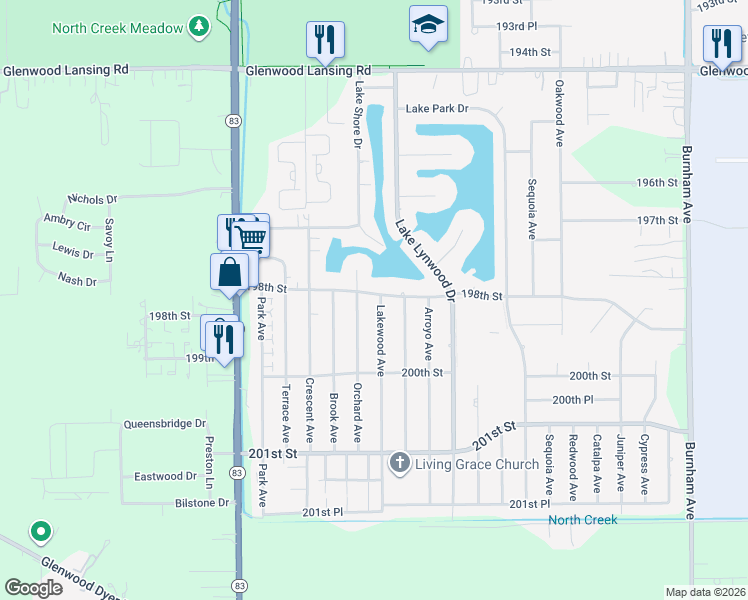 map of restaurants, bars, coffee shops, grocery stores, and more near 2641 198th Street in Lynwood