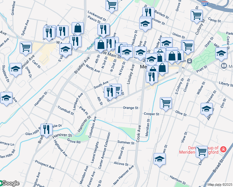 map of restaurants, bars, coffee shops, grocery stores, and more near 23 South 2nd Street in Meriden