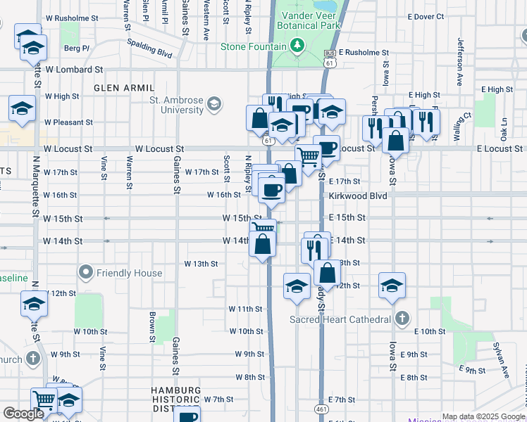 map of restaurants, bars, coffee shops, grocery stores, and more near 301 West 15th Street in Davenport