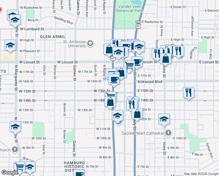 map of restaurants, bars, coffee shops, grocery stores, and more near 1420 North Harrison Street in Davenport