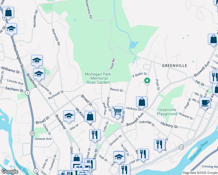 map of restaurants, bars, coffee shops, grocery stores, and more near 115 Platt Avenue in Norwich
