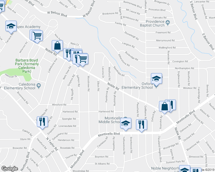 map of restaurants, bars, coffee shops, grocery stores, and more near 2320 Noble Road in Cleveland Heights