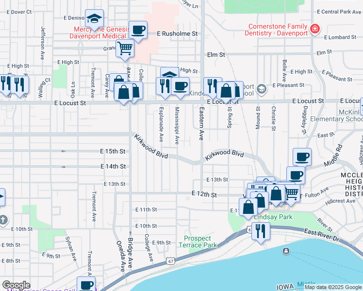 map of restaurants, bars, coffee shops, grocery stores, and more near 1503 Mississippi Avenue in Davenport