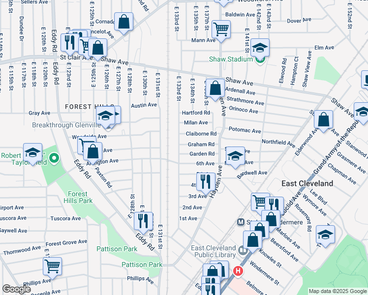 map of restaurants, bars, coffee shops, grocery stores, and more near 13316 Garden Road in East Cleveland