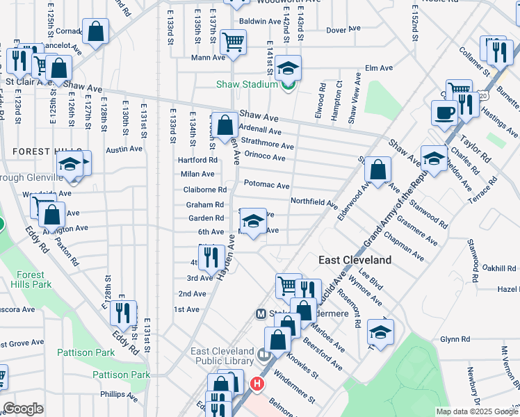 map of restaurants, bars, coffee shops, grocery stores, and more near 14000 Scioto Avenue in East Cleveland