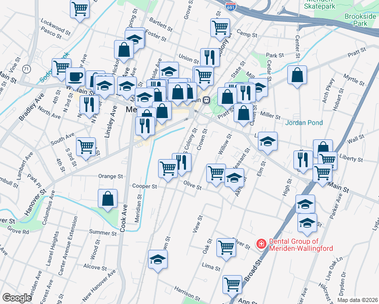 map of restaurants, bars, coffee shops, grocery stores, and more near 104 South Colony Street in Meriden