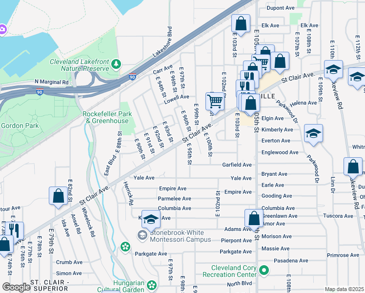 map of restaurants, bars, coffee shops, grocery stores, and more near 9380 Saint Clair Avenue in Cleveland