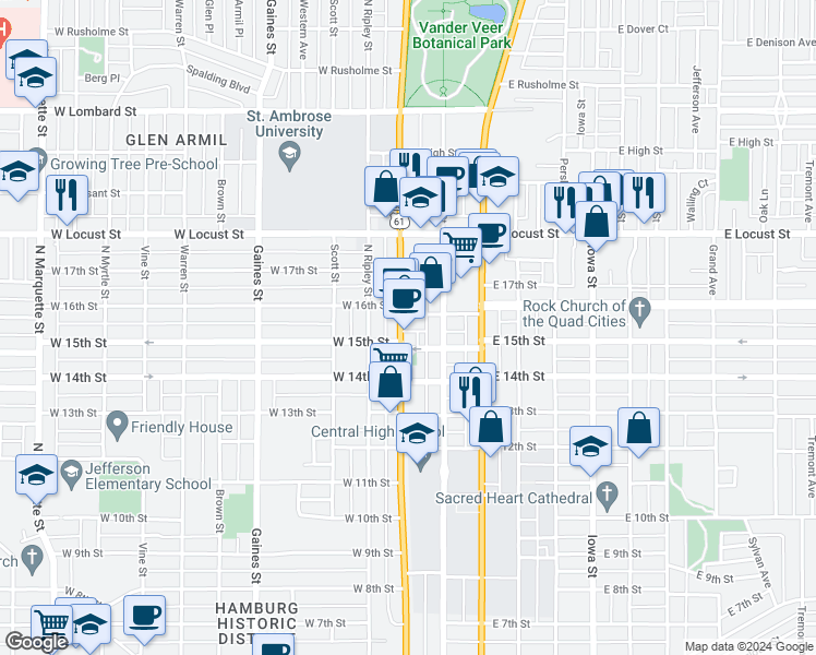 map of restaurants, bars, coffee shops, grocery stores, and more near 1515 North Harrison Street in Davenport