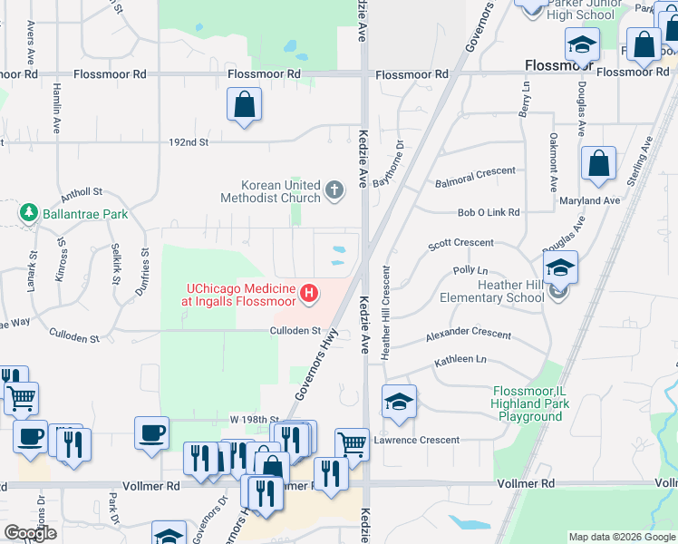 map of restaurants, bars, coffee shops, grocery stores, and more near 19505 Governors Highway in Flossmoor