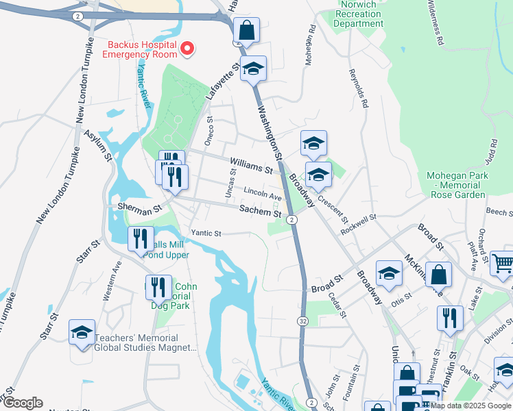 map of restaurants, bars, coffee shops, grocery stores, and more near 3 Sachem Terrace in Norwich