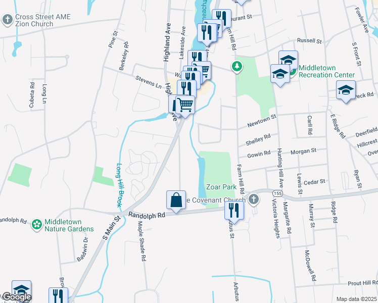 map of restaurants, bars, coffee shops, grocery stores, and more near 559 Highland Avenue in Middletown