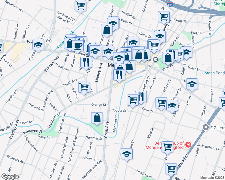 map of restaurants, bars, coffee shops, grocery stores, and more near 116 Cook Avenue in Meriden