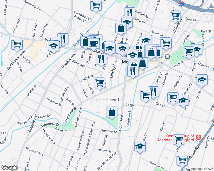 map of restaurants, bars, coffee shops, grocery stores, and more near in Meriden