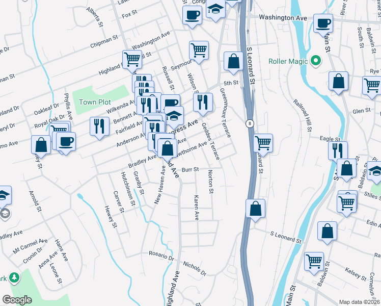map of restaurants, bars, coffee shops, grocery stores, and more near 79 Ross Street in Waterbury